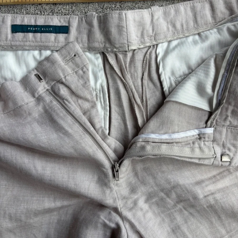 Perry Ellis Pants Mens 34x30 Linen Blend Beige Flat Front Straight Leg